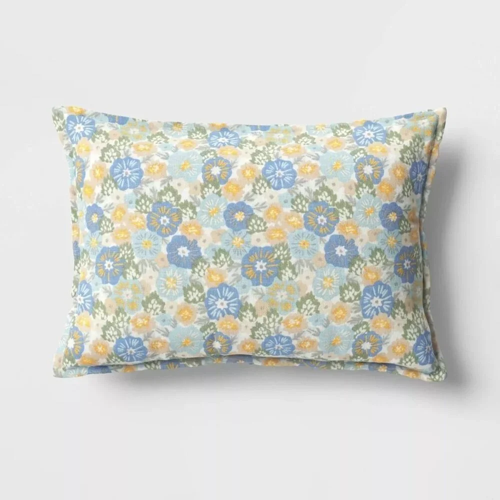 Target Room Essentials Printed‎ Cotton Embroidery Lumbar Throw Pillow Blue 2024